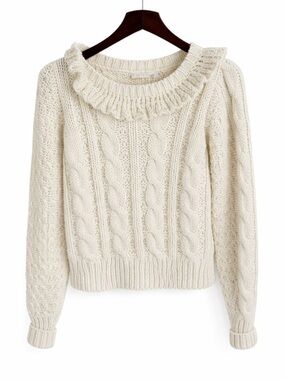LoveShackFancy Christina Alpaca Cable Knit Sweater Cream Ruffle Metallic XS